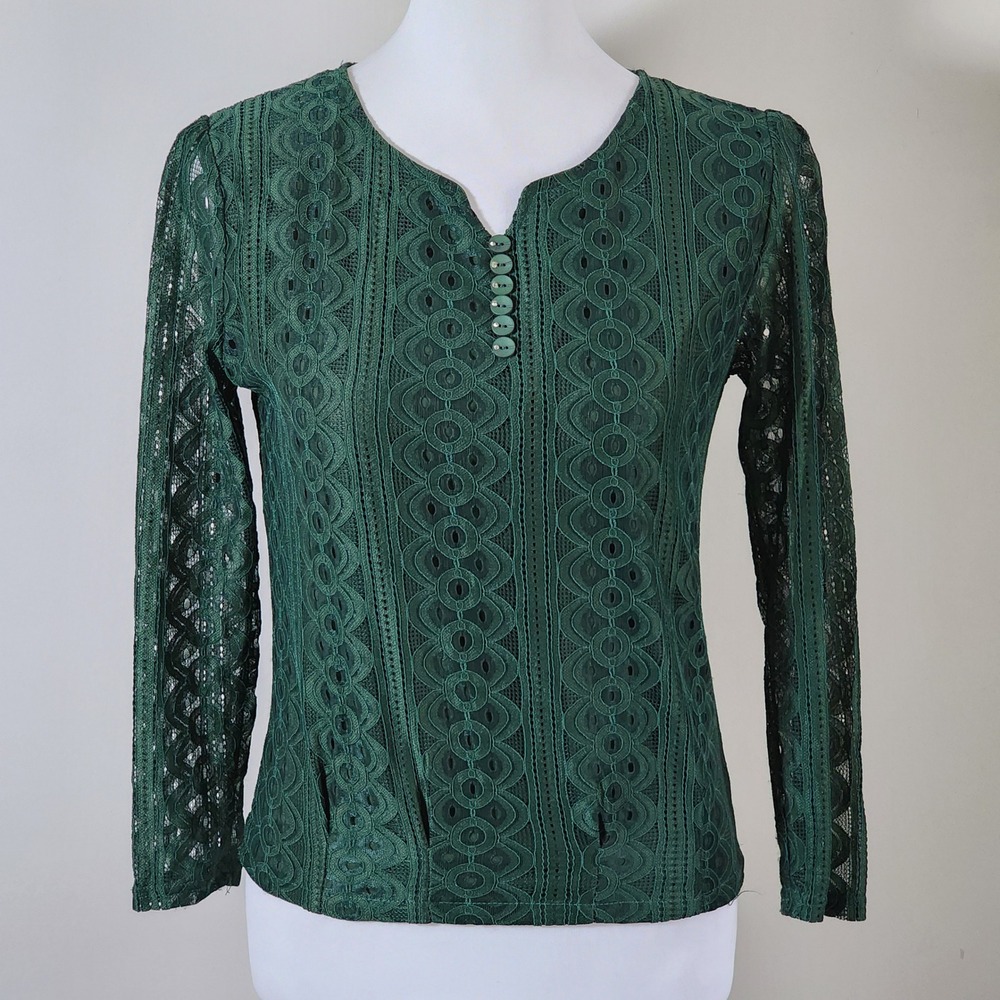 Lace Blouse Womens Medium Green Top Dark Academia Forest Fairy Whimsigoth Office